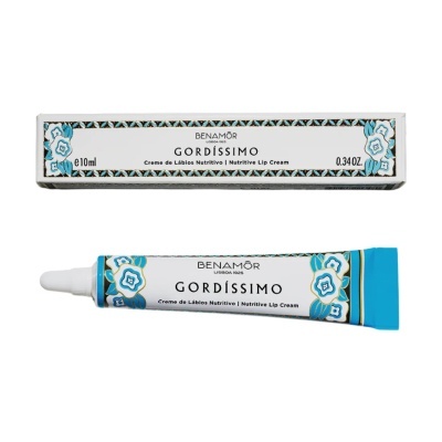 Creme de lábios nutritivo em tubo branco e azul com embalagem decorada com flores azuis