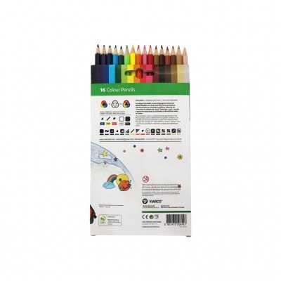 Estojo de 16 lápis de cor com texto e instruções na embalagem