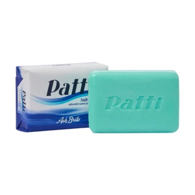 Sabonete azul esverdeado Patti com embalagem branca e azul