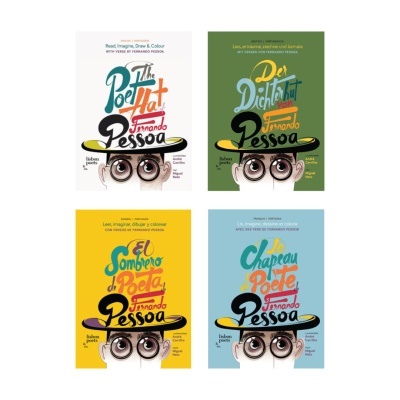 Quatro capas de livros coloridas com ilustração de uma cara com chapéu e óculos, com títulos em diferentes línguas sobre Fernando Pessoa.