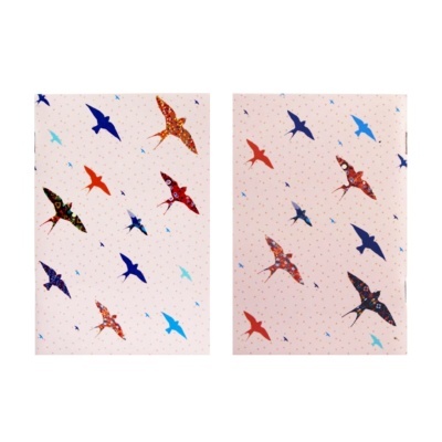 Capas de cadernos com padrão de pássaros coloridos em fundo branco com pontos cor-de-rosa
