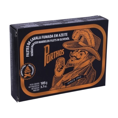 Caixa de filetes de cavala Porthos com design preto e laranja
