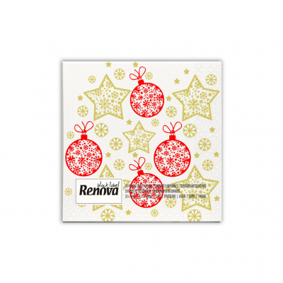 Guardanapo de papel branco com estrelas douradas e bolas de Natal vermelhas com flocos de neve