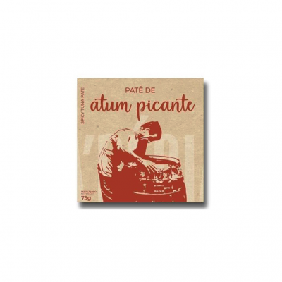 Embalagem quadrada de paté de atum picante em papel kraft com ilustração vermelha.