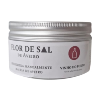 Embalagem metálica prateada de flor de sal com texto em rótulo branco
