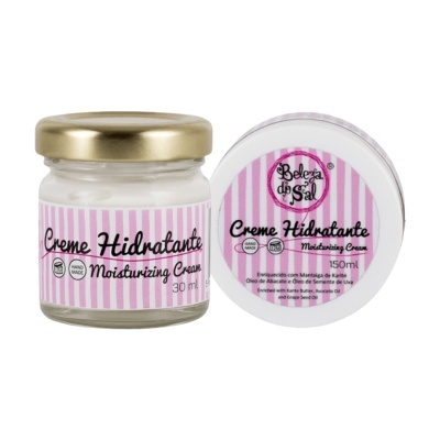 Dois frascos de creme hidratante com rótulo rosa às riscas brancas e texto preto.