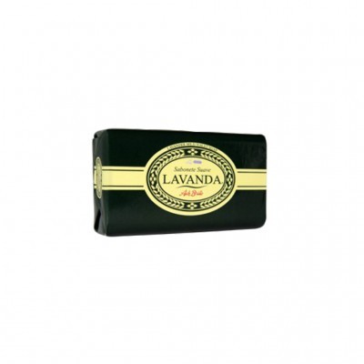 Sabonete embalado em papel preto com etiqueta oval LAVANDA