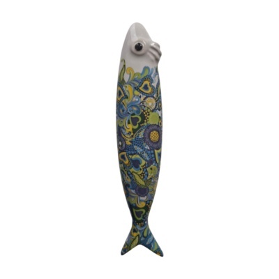 Figura decorativa de peixe em cerâmica com padrão colorido