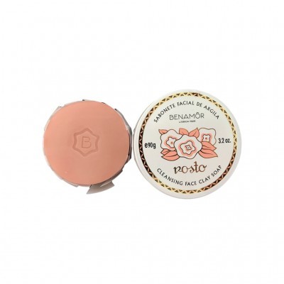 Sabonete facial de argila Benamor Pasto em barra rosa com embalagem branca e desenhos florais