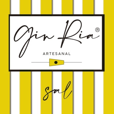 Etiqueta de produto listrada amarelo e branco com texto Gin Ria ARTESANAL e sal.