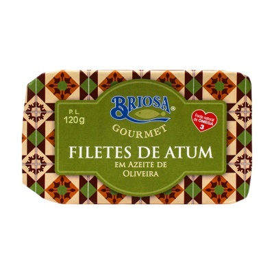 Lata de filetes de atum Briosa Gourmet embalados em azeite de oliveira com padrão geométrico colorido.