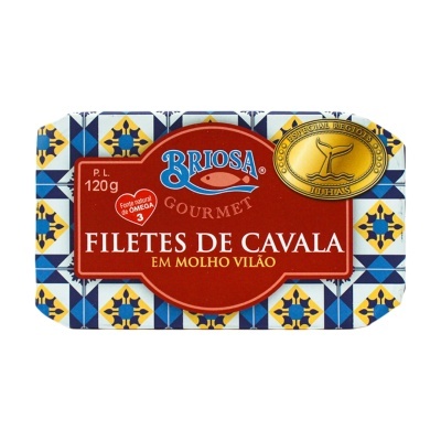 Embalagem de filetes de cavala em molho Vilão da marca Briosa