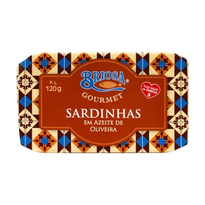 Lata de sardinhas em azeite com design geométrico azul e castanho