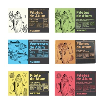 Seis latas coloridas de conservas de atum com ilustrações de peixes e ingredientes