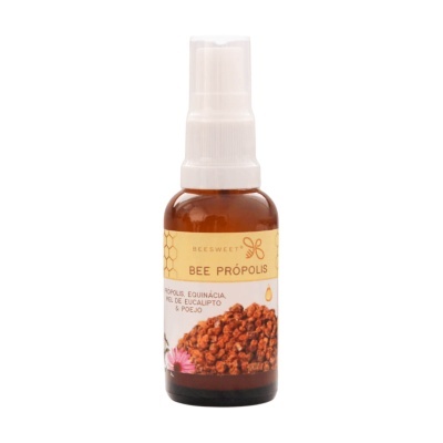 Frasco spray plástico castanho com tampa branca e etiqueta amarela de Bee Própolis