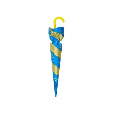 Guarda-chuva fechado azul com riscas douradas e cabo amarelo