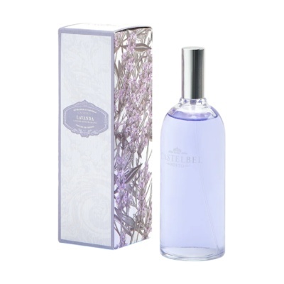 Frasco de perfume lilás e caixa decorada com ramo de lavanda
