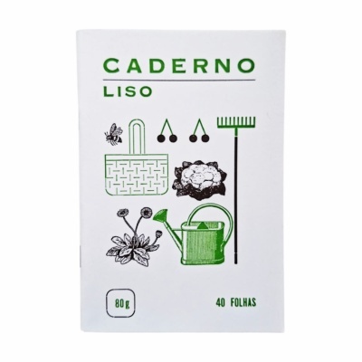 Caderno liso com capa branca e ilustrações de jardinagem