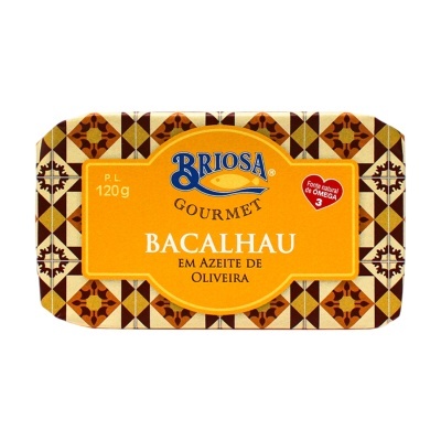 Lata de bacalhau em azeite de oliveira da marca Briosa com padrão geométrico