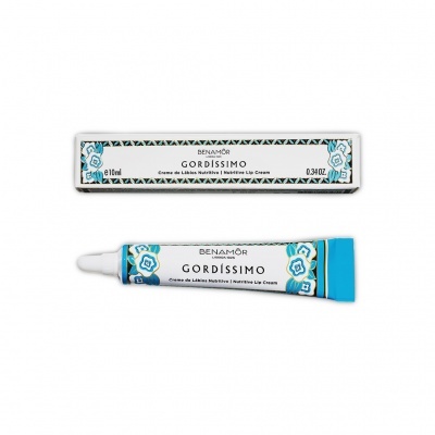 Creme de lábios Benamôr Gordíssimo com embalagem e tubo em azul e branco