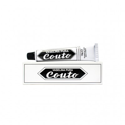 Tubo e caixa de Vaselina Pura Couto com design preto e branco