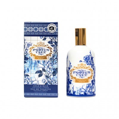 Frasco de perfume decorado azul e branco com caixa correspondente