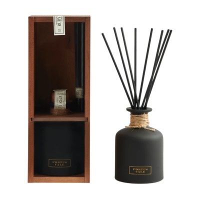 Difusor de aromas preto fosco com varetas e caixa de madeira