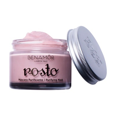 Frasco de máscara purificante de rosto cor-de-rosa com tampa metálica prata