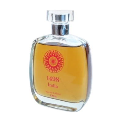 Frasco de perfume 1498 Índia com líquido amarelo em vidro transparente