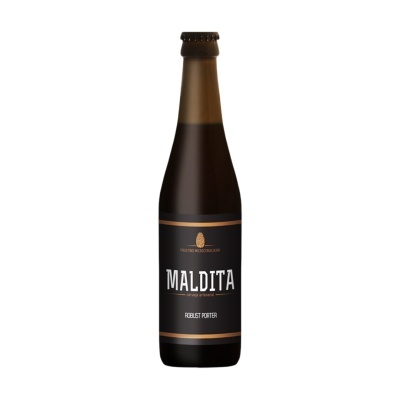 Garrafa de cerveja artesanal MALDITA Robust Porter com rótulo preto