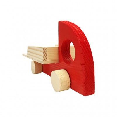 Brinquedo de madeira vermelho com rodas naturais e parte superior clara