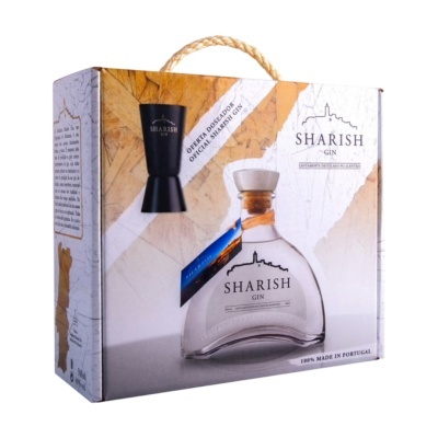 Caixa de gin Sharish com garrafa e copo doseador preto
