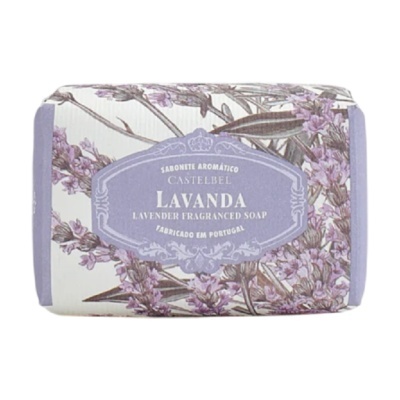 Sabonete aromático Castelbel Lavanda com embalagem floral lilás e branca