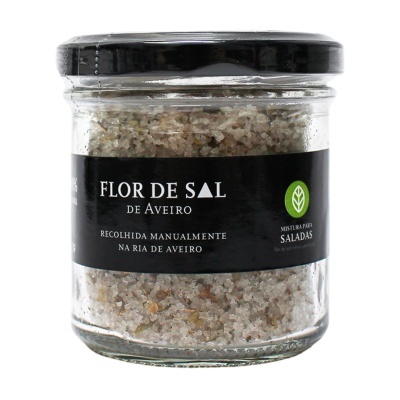 Frasco de flor de sal de Aveiro com etiqueta preta e tampa preta