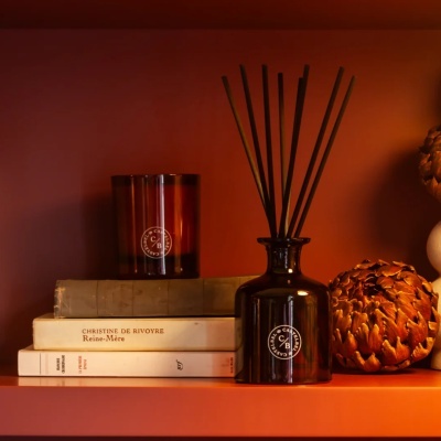 Vela perfumada e difusor em vidro âmbar com livros e flor seca numa prateleira laranja