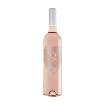 Garrafa de vinho rosé com rótulo prateado e tampa prateada