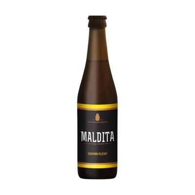Garrafa de cerveja MALDITA Bohemian Pilsener com rótulo preto e amarelo