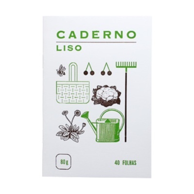 Capa branca de caderno liso com ilustrações de jardim e texto em verde