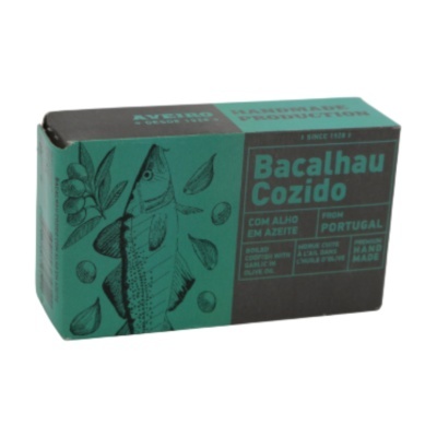 Embalagem verde e preta de bacalhau cozido com alho em azeite
