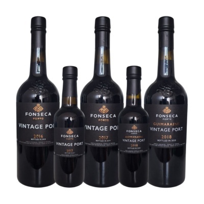 Garrafas de Vinho do Porto Fonseca Vintage Port anos 2016, 2017 e 2018