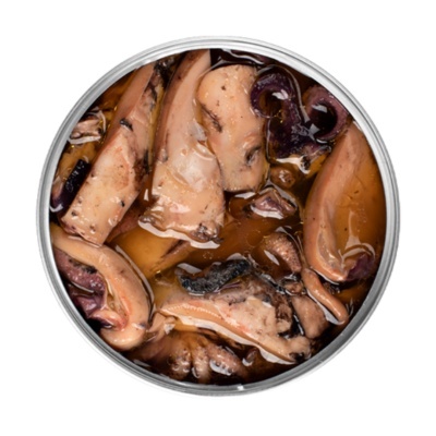 Lata aberta com pedaços de polvo em óleo