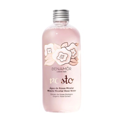 Frasco de água micelar de rosas Benamôr com rótulo floral rosa e branco