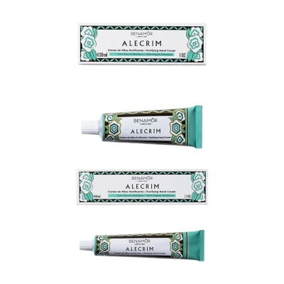 Cremes de mão Benamôr Alecrim com embalagens decoradas com flores azuis e verdes.