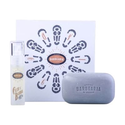 Conjunto de óleo de barba, sabonete e caixa com design Antiga Barbearia de Bairro