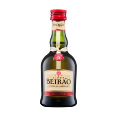 Garrafa pequena de licor Licor Beirão com rótulo creme e vermelho