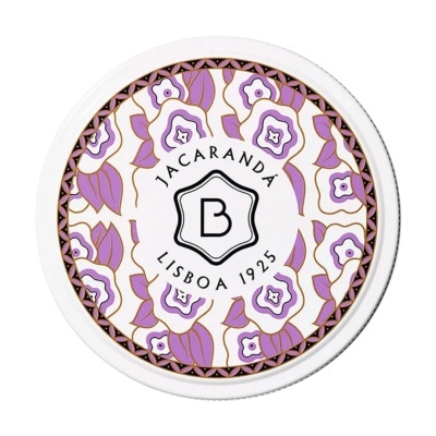 Embalagem redonda branca com padrão floral lilás e dourado e texto central