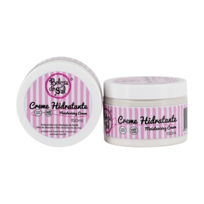 Creme hidratante Beleza do Sal em frascos brancos com rótulo rosa e branco listrado