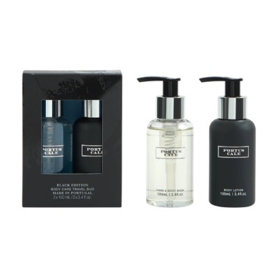Conjunto Portus Cale Black Edition com Body Wash e Body Lotion em frascos com doseador.