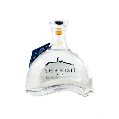 Garrafas de gin SHARISH transparentes com texto preto e etiqueta azul