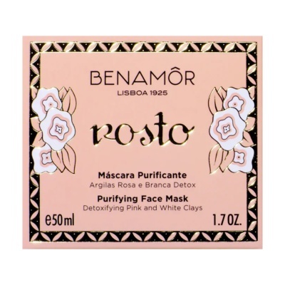 Caixa de máscara purificante facial Benamôr rosa com flores brancas e douradas